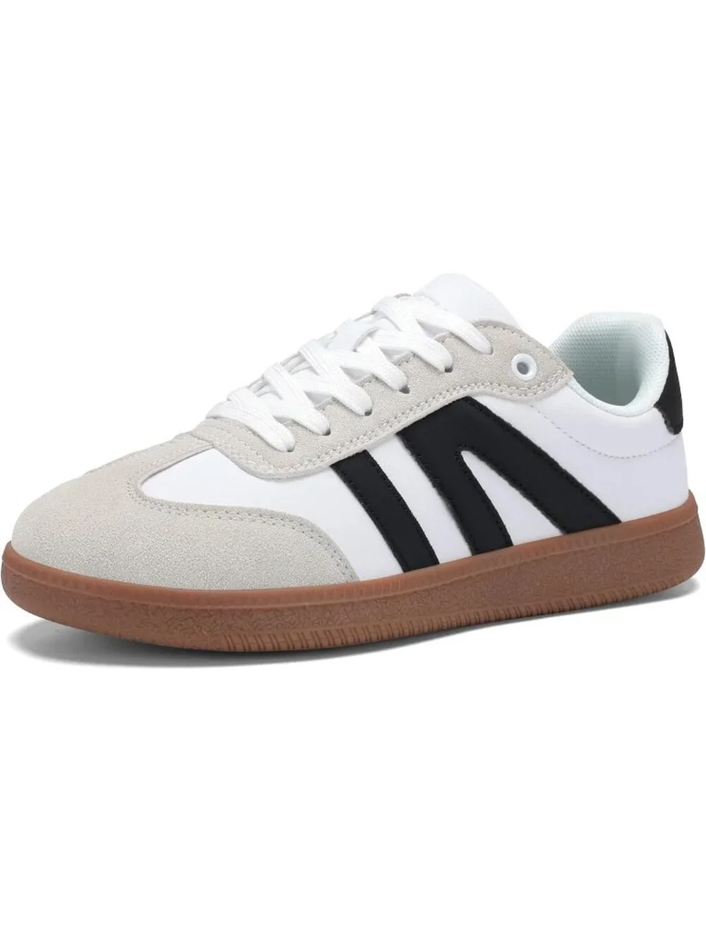 Women's White Black Lightweight Retro Gum Sole Non Slip Lace Up Fashion Sneakers
